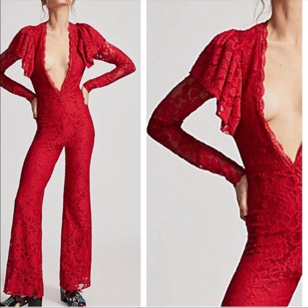 Free People Red Lace Jumpsuit - XS